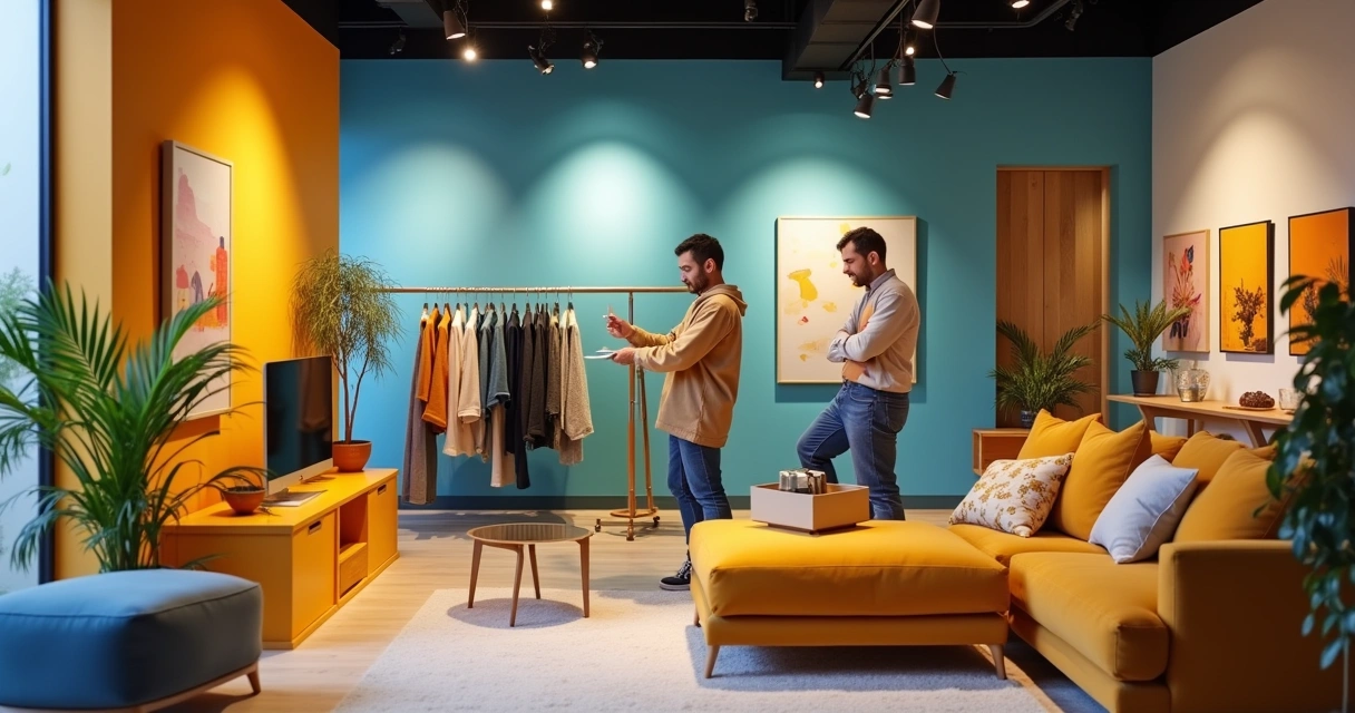 Designer de interiores e cliente em uma loja moderna, destacando o impacto do design nas vendas.