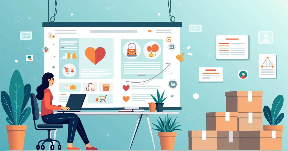 Homem trabalhando em laptop em ambiente de e-commerce com layout de site visível e quadro de ideias.