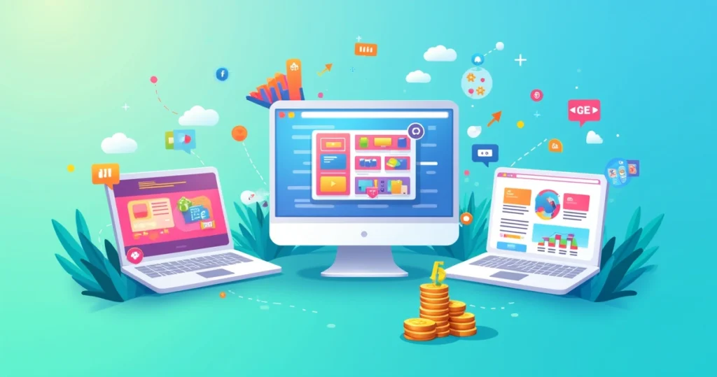 Ilustração de três plataformas digitais: página de destino, e-commerce e site geral em um fundo vibrante.
